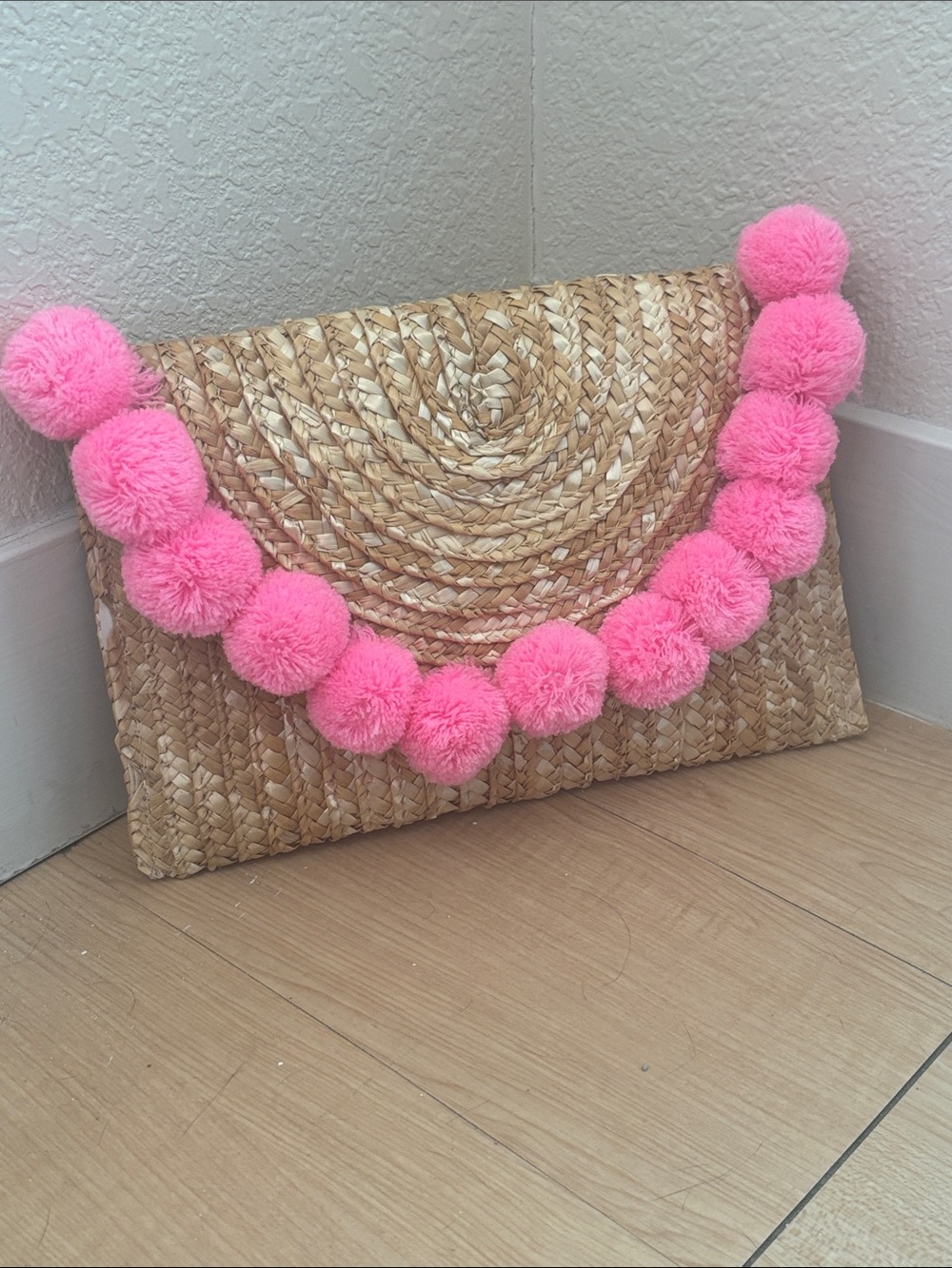 Francesca's Collections Straw Clutch with Pink Pom Poms